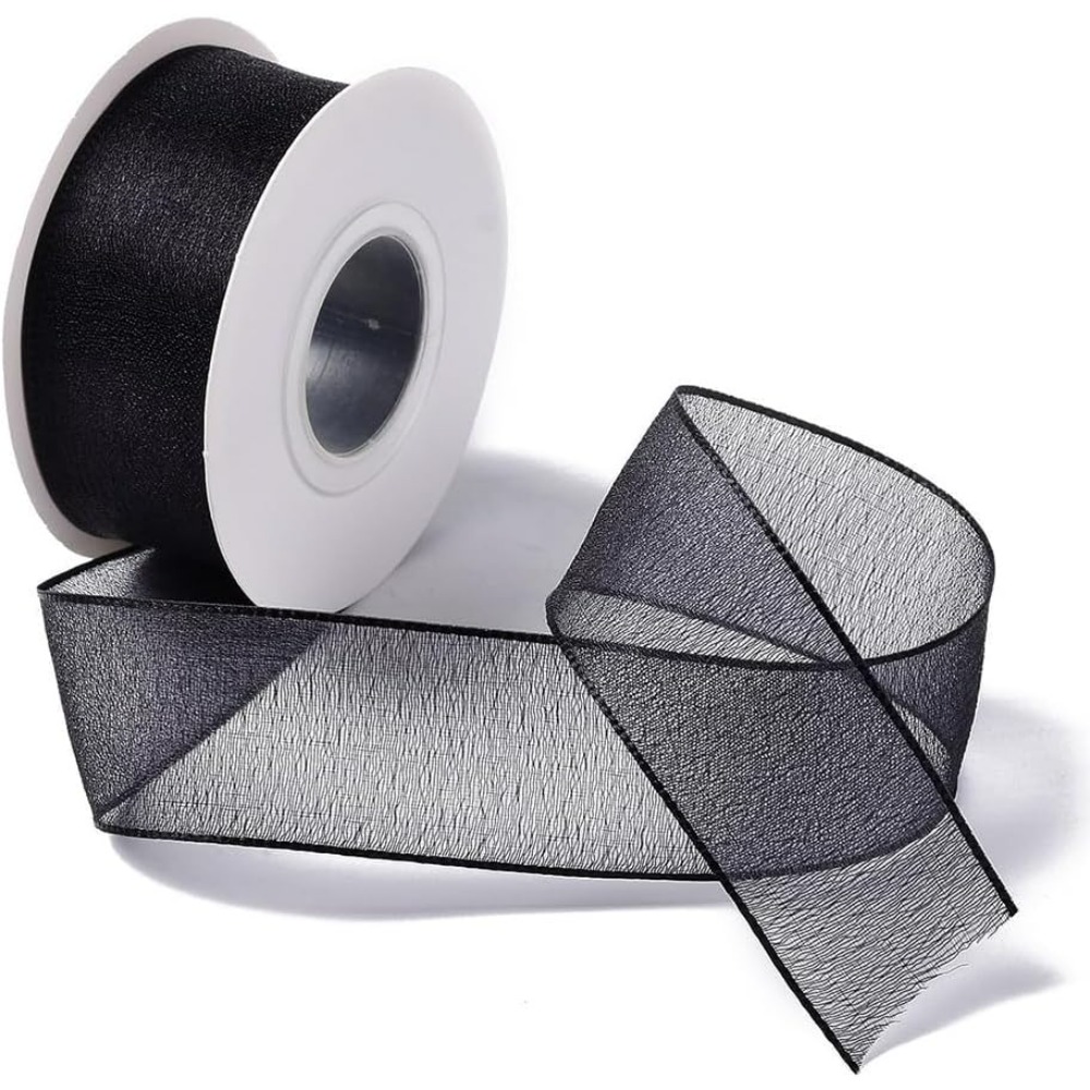 Organza Ribbon Spool - 1 بوصة الأسود الأورجانزا الشريط السلكية