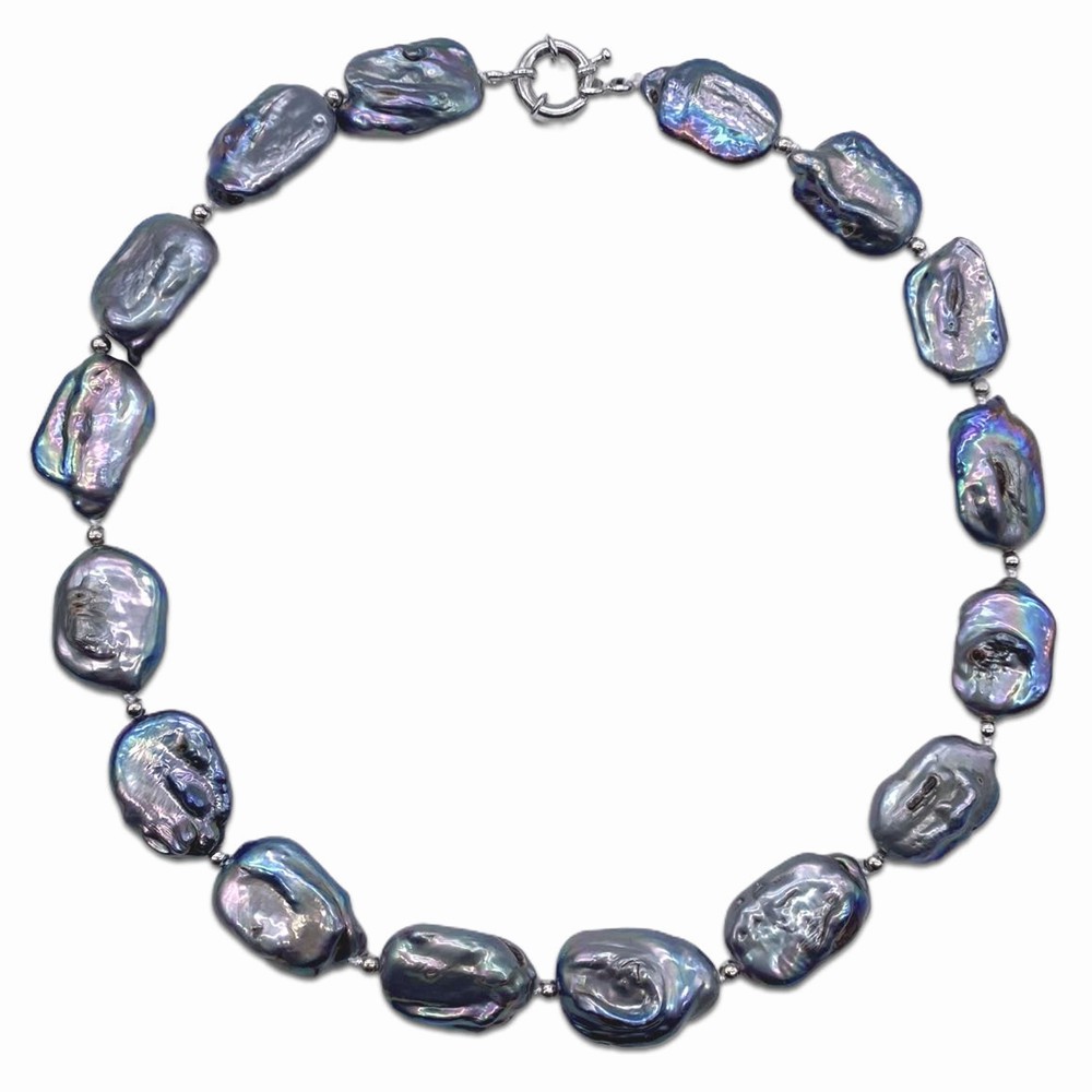 Pearl Trim Chain - طاووس أسود عقد لؤلؤ مسطح أزرق